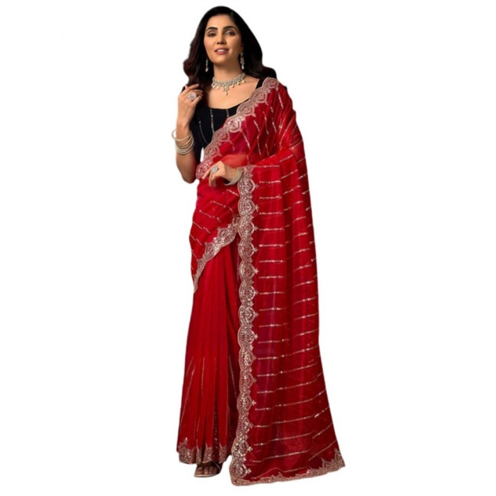 Women's Net Sequence Saree With Unstitched Blouse 5.5Mtr (Red) Women's Net Sequence Saree With Unstitched Blouse 5.5Mtr (Red)