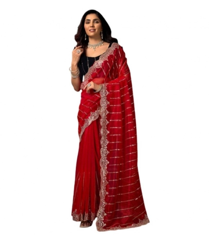 Women's Net Sequence Saree With Unstitched Blouse 5.5Mtr (Red)