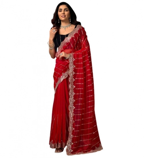 Women's Net Sequence Saree With Unstitched Blouse 5.5Mtr (Red) Women's Net Sequence Saree With Unstitched Blouse 5.5Mtr (Red)