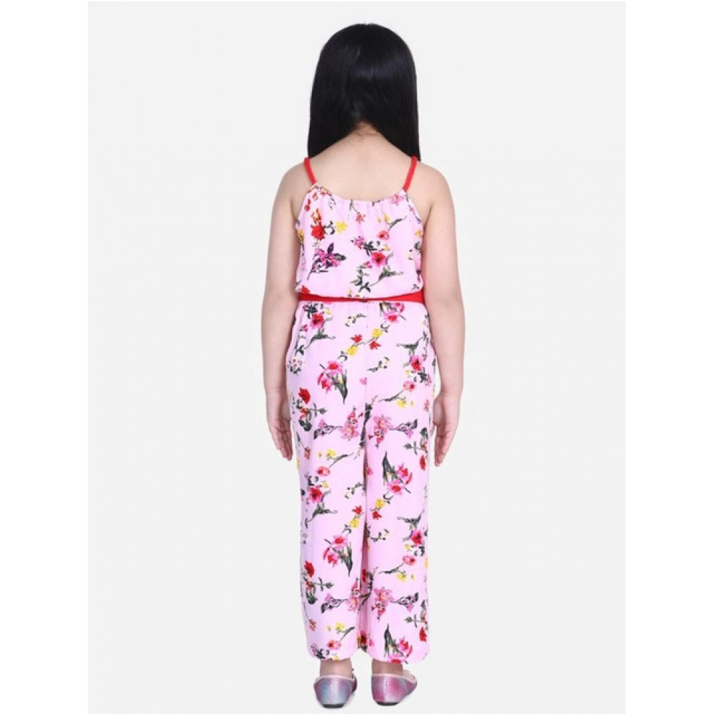 Girl's Polyester Crepe Floral Shoulder Straps Jumpsuit (Pink-Red)