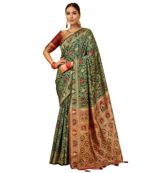Women's Silk Blend Woven Paithani Saree With Unstitched Blouse 5.5Mtr (Green)