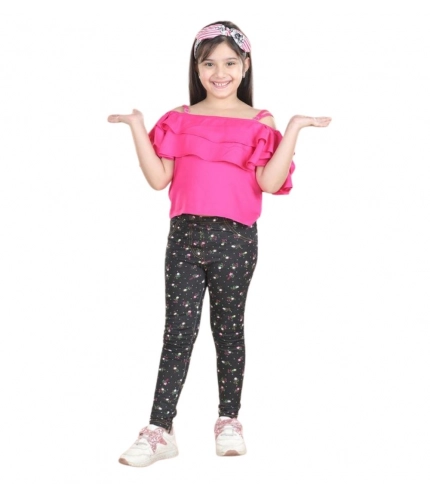 Girl's Cotton Floral Elasticated Jegging and Top Set (Pink)