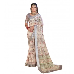 Women's Printed Cotton Linen Saree withPrinted  Saree With Unstitched Blouse (Beige, 5-6Mtrs)