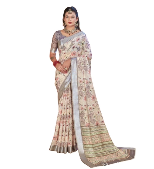 Women's Printed Cotton Linen Saree withPrinted  Saree With Unstitched Blouse (Beige, 5-6Mtrs)