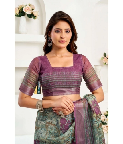 Women's Faux Linen Printed Ready to wear Saree With Unstitched Blouse 5.5Mtr (Multicolor)