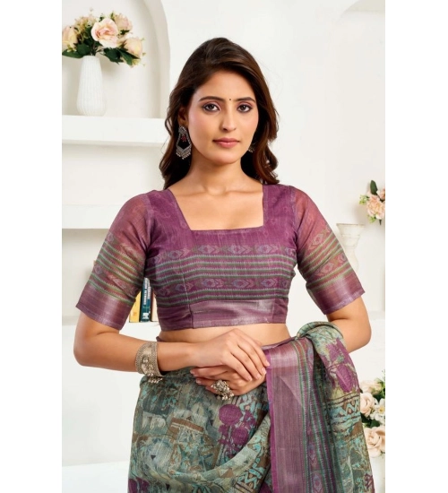 Women's Faux Linen Printed Ready to wear Saree With Unstitched Blouse 5.5Mtr (Multicolor)