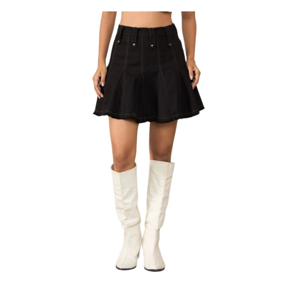 Women's Denim Washed Buttoned Skirt (Black)