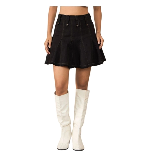 Women's Denim Washed Buttoned Skirt (Black)