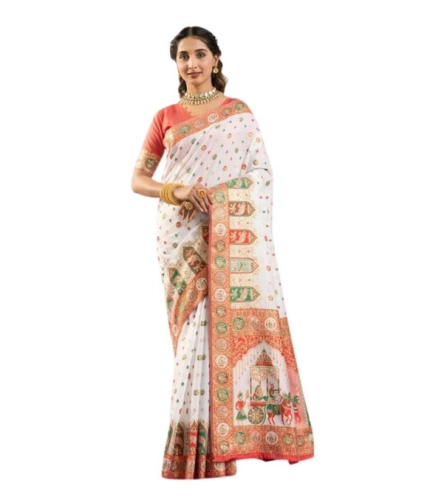 Women's Faux_Banarasi Woven Motifs Saree With Unstitched Blouse 5.5Mtr (White)
