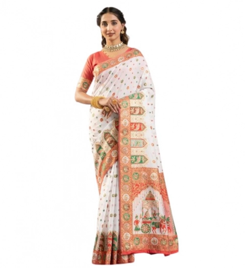 Women's Faux_Banarasi Woven Motifs Saree With Unstitched Blouse 5.5Mtr (White)