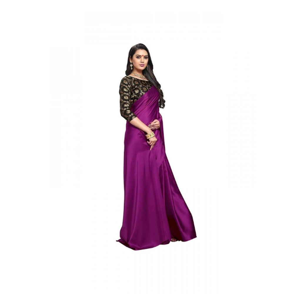 Women's Satin Solid Saree With Unstitched Blouse 5.5Mtr (Wine)