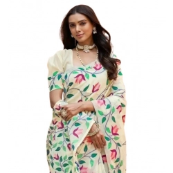 Women's Georgette Printed Saree With Unstitched Blouse 5.5Mtr (Cream)
