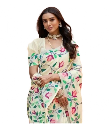 Women's Georgette Printed Saree With Unstitched Blouse 5.5Mtr (Cream)