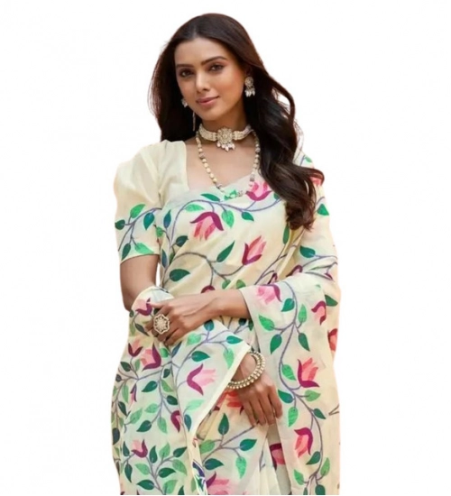 Women's Georgette Printed Saree With Unstitched Blouse 5.5Mtr (Cream)