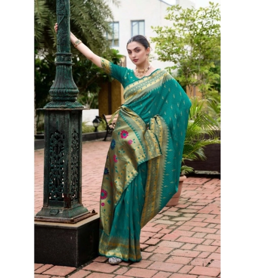 Women's Silk Blend Zari Woven Saree With Unstitched Blouse 5.5Mtr (Teal)