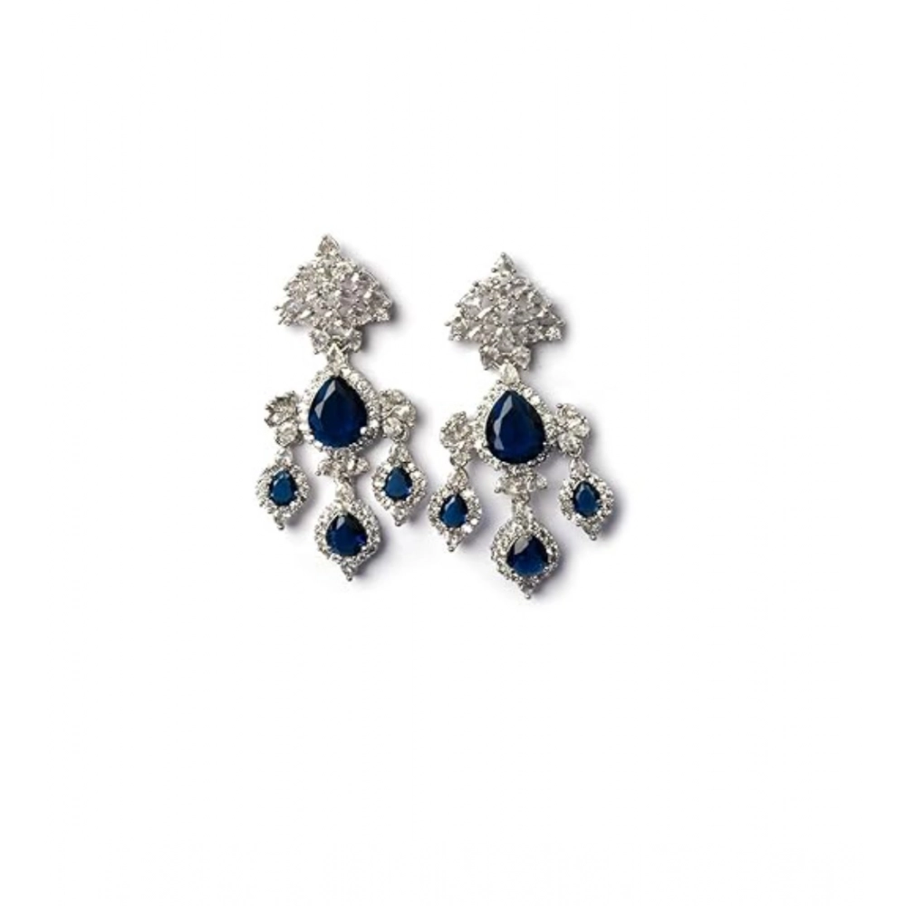 Women's Brass Silver Plated Drop Earrings (Blue)
