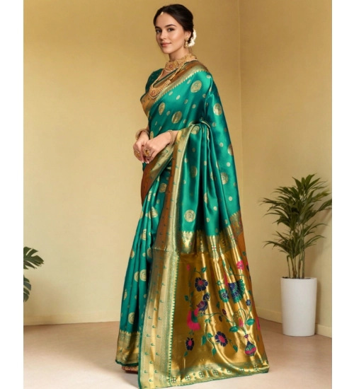 Women's Silk Blend Paithani Saree With Unstitched Blouse 5.5Mtr (Green)