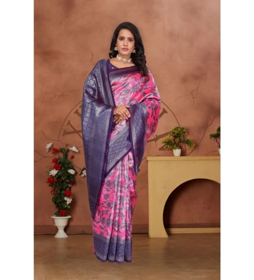 Women's Banarasi Silk Jaquard Woven Saree With Unstitched Blouse 5.5Mtr (Pink)