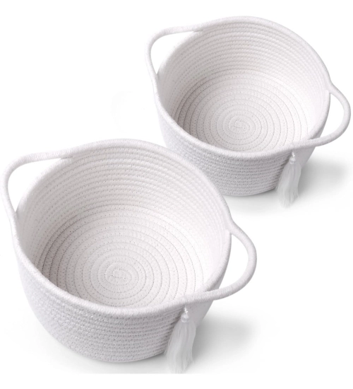 Cotton 8x4 Inch Round 2 Set With Jhalar Bedside Organizer (White)