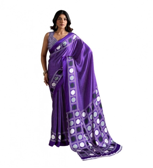 Women's Satin Crepe Printed Saree With Unstitched Blouse 5.5Mtr (Purple)
