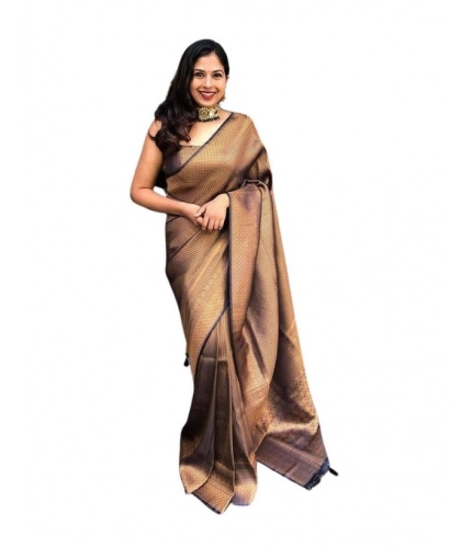 Women's Soft Lichi Silk Printed Saree With Unstitched Blouse 5.5Mtr (Black-Gold)