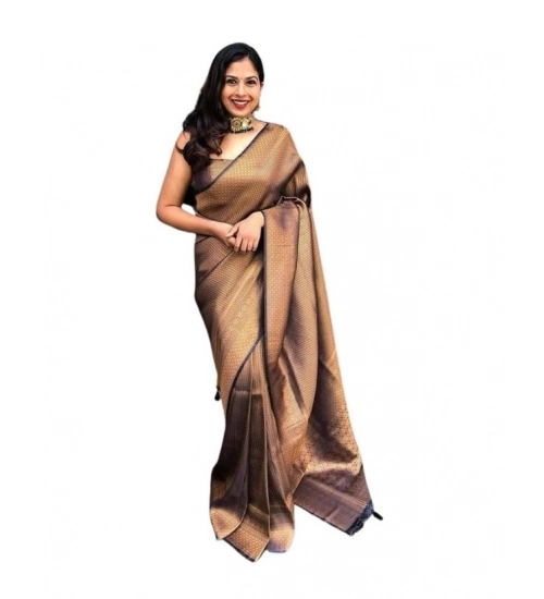 Women's Soft Lichi Silk Printed Saree With Unstitched Blouse 5.5Mtr (Black-Gold)