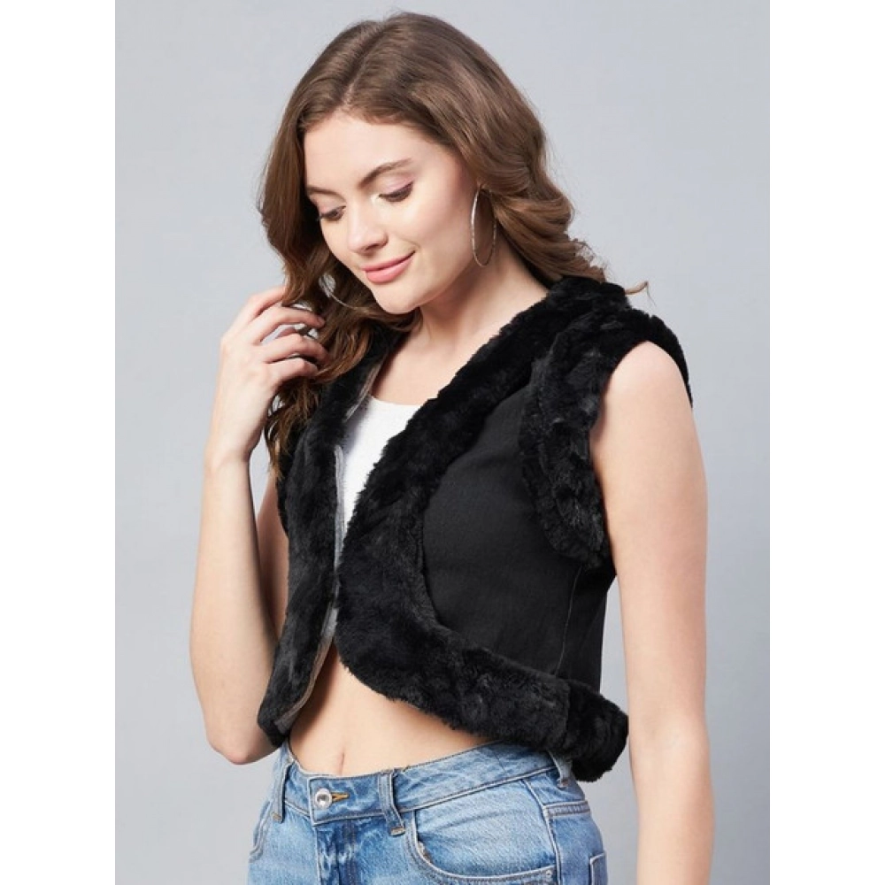 Women's Denim And Fur Solid Sleeveless Shrug (Black)