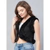 Women's Denim And Fur Solid Sleeveless Shrug (Black)