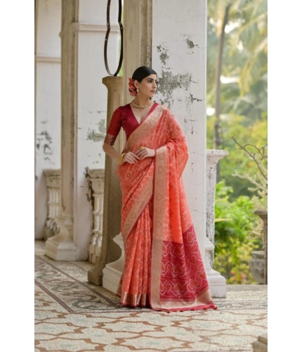 Women's Silk_Blend Ethnic Ikat Pattern Saree With Unstitched Blouse 5.5Mtr (Orange)