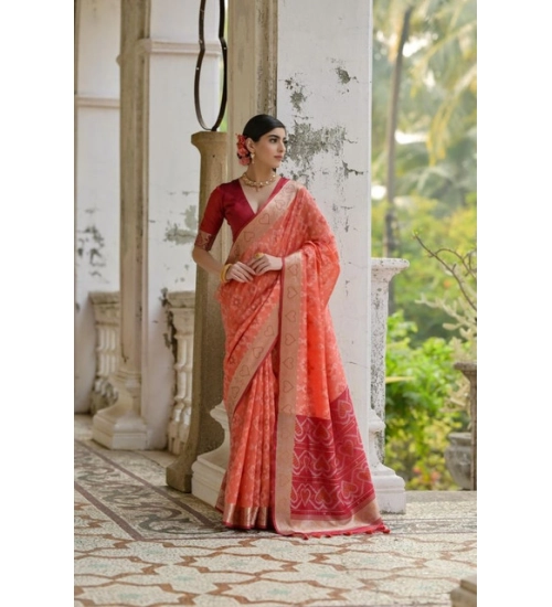 Women's Silk_Blend Ethnic Ikat Pattern Saree With Unstitched Blouse 5.5Mtr (Orange)