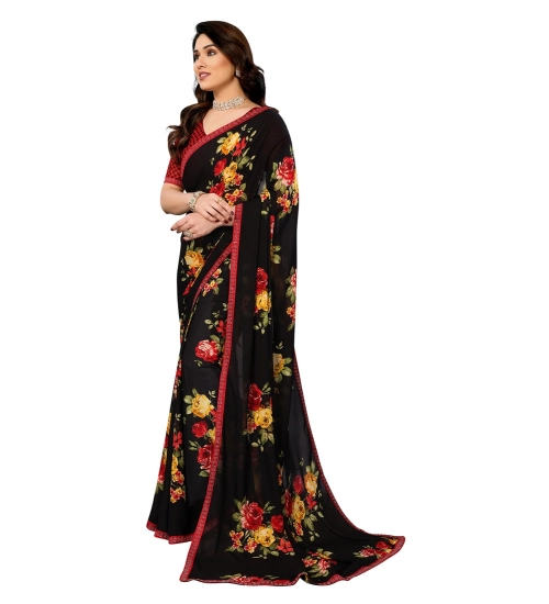 Women's Georgette Printed Saree With Unstitched Blouse 5.5Mtr (Black)