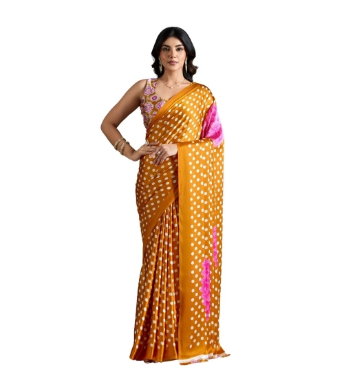 Women's Satin Crepe Printed Saree With Unstitched Blouse 5.5Mtr (Mustard)