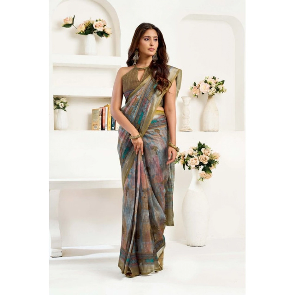 Women's Linen Cotton Printed Ready To Wear Saree With Unstitched Blouse 5.5 Mtr (Multicolor)