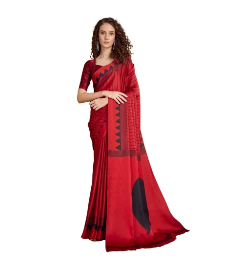 Women's Satin Crepe Printed Saree With Unstitched Blouse 5.5Mtr (Red)