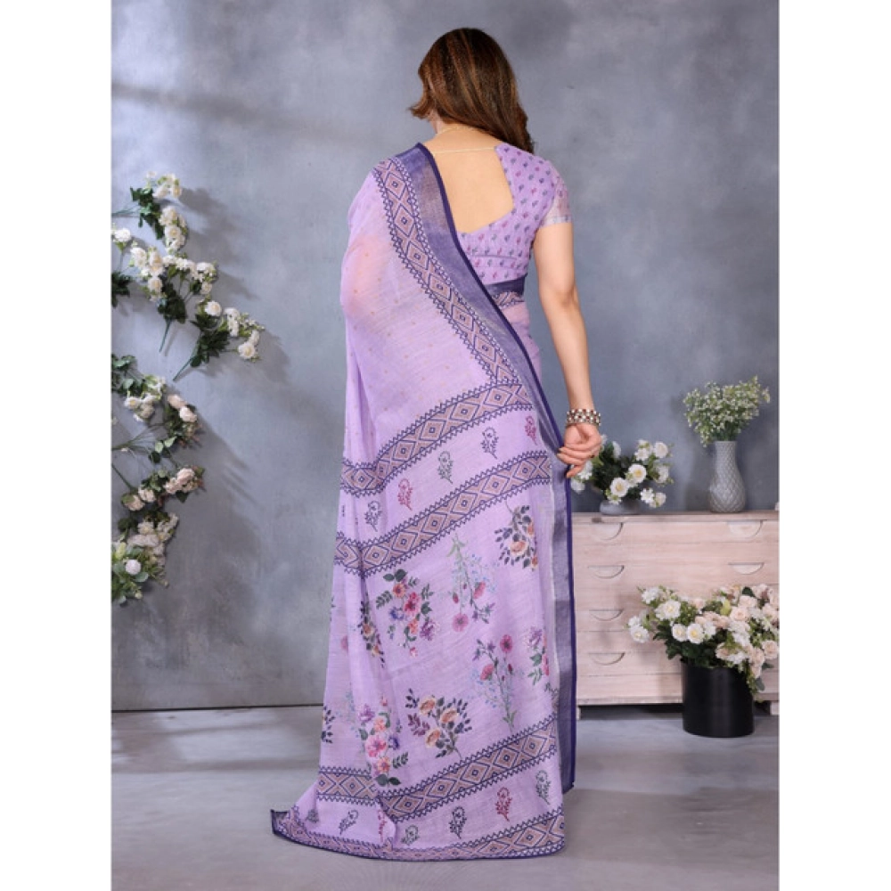 Women's Linen Cotton  Printed Saree With Unstitched Blouse 5.5Mtr (Purple)