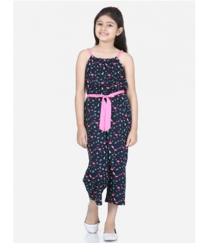 Girl's Rayon Flamingo Print Sleeveless Jumpsuit (Black-Pink)