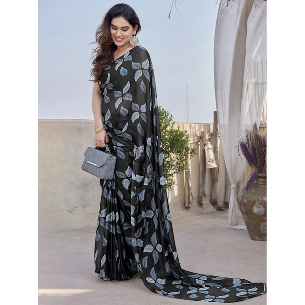 Women's Chiffon Printed Saree With Unstitched Blouse 5.5Mtr (Black)