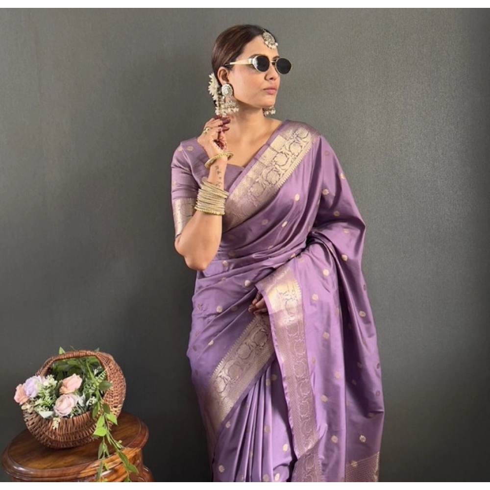 Women's Satin Printed Saree With Unstitched Blouse 5.5Mtr (Purple)
