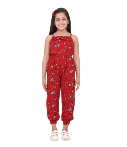 Girl's Rayon Floral Sleeveless Jumpsuit (Red)