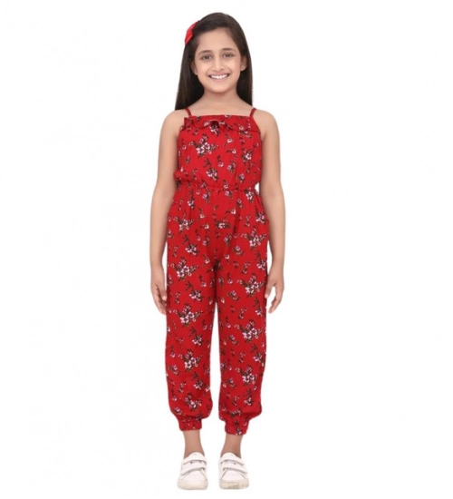 Girl's Rayon Floral Sleeveless Jumpsuit (Red)