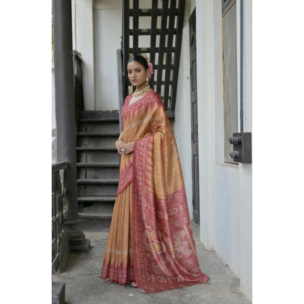 Women's Faux_Tussar Ikat Saree With Unstitched Blouse 5.5Mtr (Rust) Women's Faux_Tussar Ikat Saree With Unstitched Blouse 5.5Mtr (Rust)