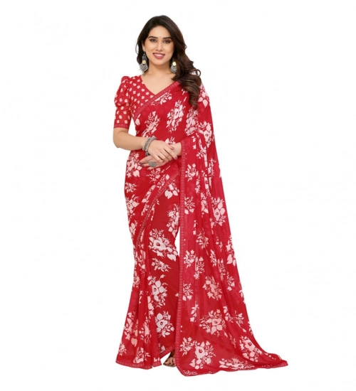 Women's Georgette Printed Saree With Unstitched Blouse 5.5Mtr (Red)