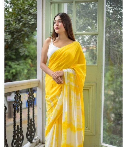 Women's Linen Printed Saree With Unstitched Blouse 5.5Mtr (Yellow)