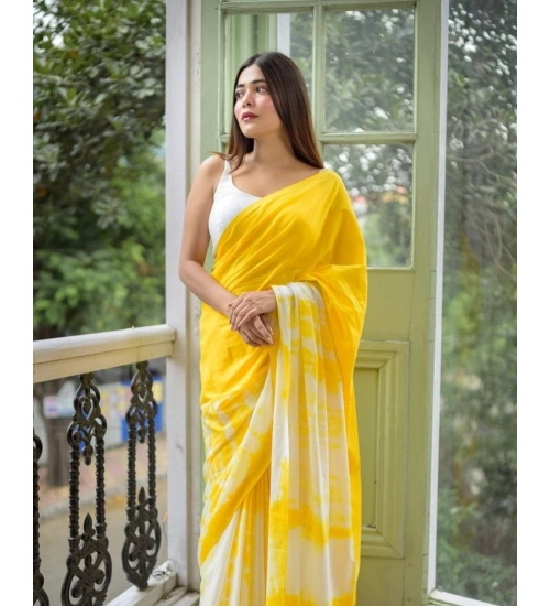 Women's Linen Printed Saree With Unstitched Blouse 5.5Mtr (Yellow)