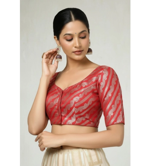 Women's Jacquard Zari Round Neck Padded Blouse (Red 38 Ready (Self Alterable 36–40)