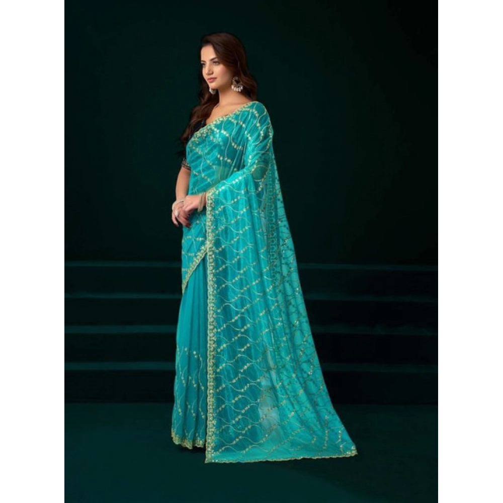 Women's Net Sequence Saree With Unstitched Blouse 5.5Mtr (Turquoise)