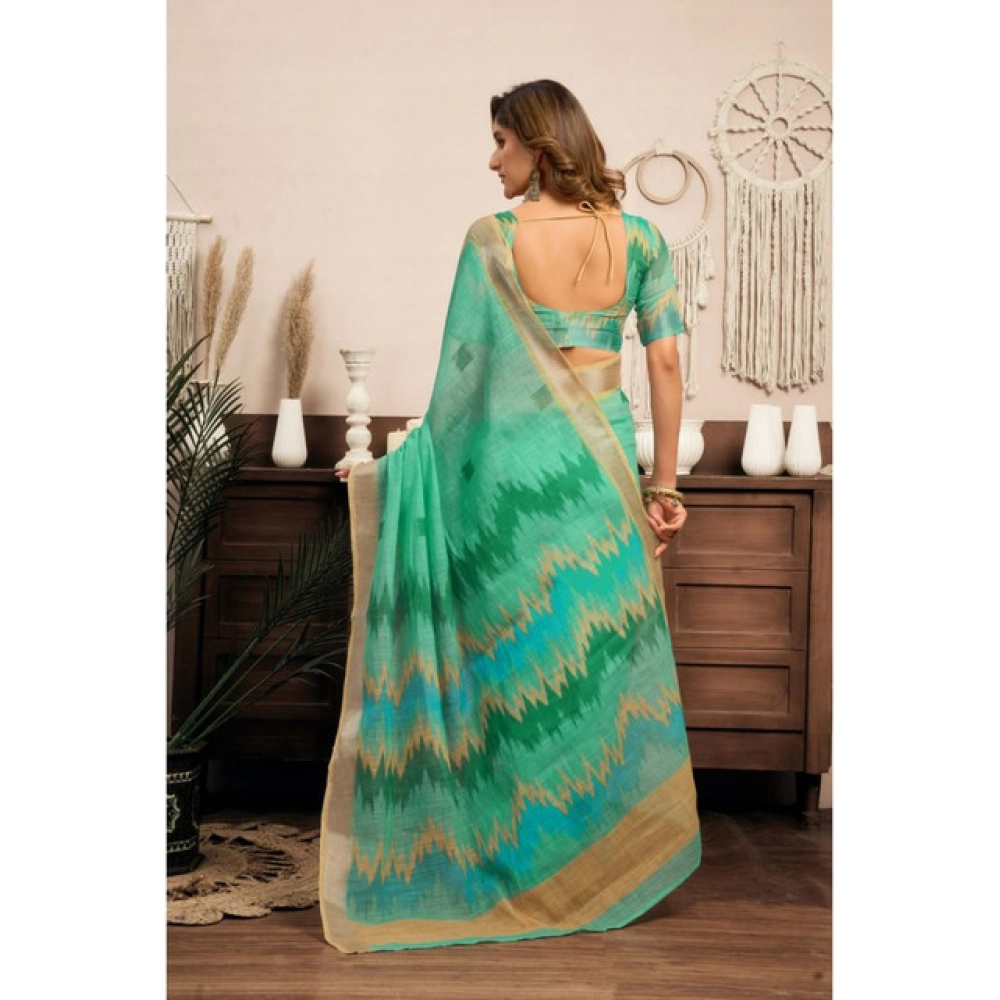 Women's Linen Cotton Printed Ready To Wear With Pocket Saree With Unstitched Blouse 5.5 Mtr (Light_Green)
