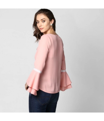 Women's Polyester Solid Bell Sleeve Top (Pink)
