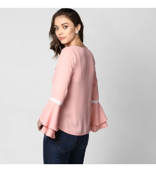 Women's Polyester Solid Bell Sleeve Top (Pink) Women's Polyester Solid Bell Sleeve Top (Pink)