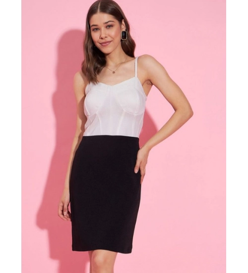 Women's Polyester Lycra Color Blocking Shoulder Straps Dress (White - Black)